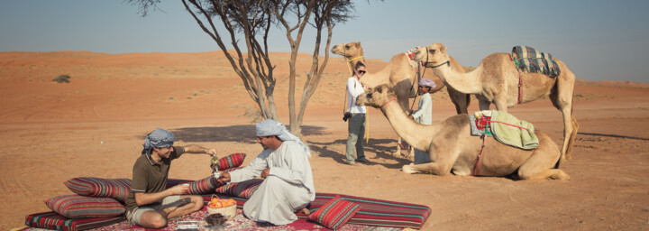 Picknick in der Wüste im Oman mit Kamelen